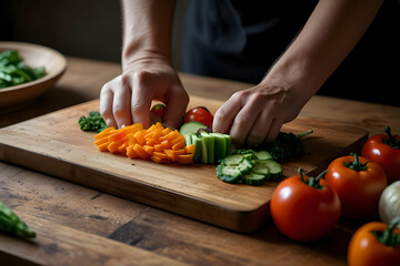 A chef chopping fresh vegetables on a wooden cutting board, with vibrant colors and textures on display, HD Hyper resolution, 8k 