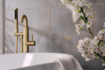 A closeup shot of the brass faucet, showcasing its sleek design and golden finish against the grey tiles in the bathroom setting. The white bathtub is visible on one side with flowers placed beside it