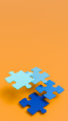 Four blue puzzle pieces on orange isolated background, teamwork and togetherness theme