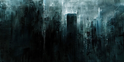 Dystopian Society: Abstract Urban Landscape with Dark Tones and Oppressive Atmosphere, Perfect for Dystopian or Social Commentary Plays