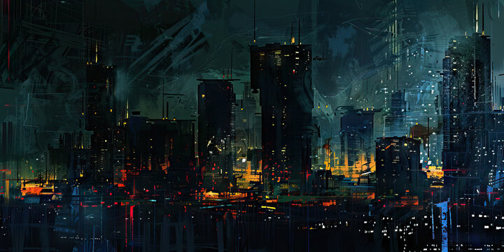 Dystopian Society: Abstract Urban Landscape with Dark Tones and Oppressive Atmosphere, Perfect for Dystopian or Social Commentary Plays