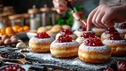 A pastry chef filling jelly donuts.
