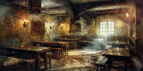 Medieval Tavern: Abstract Tavern Interior with Wooden Tables and Tavern Sign, Suitable for Historical or Fantasy Plays