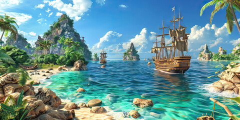 Pirate Cove: Abstract Coastal Scene with Ships and Treasure, Suitable for Pirate or Adventure Plays