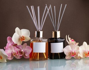 Obraz na płótnie Canvas An array of three modern reed diffusers on a clean surface with blooming orchids accentuating a simple style with a blank label