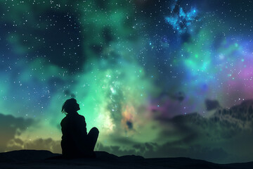 silhouette of a person sitting on the ground looking up at colorful galaxies and nebulae in the night sky