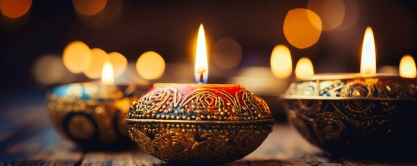 three decorated candlesticks with burning candles, concept for the holiday of Hanukkah