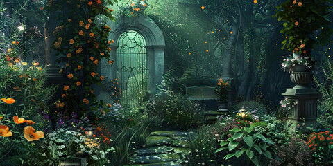 Enchanted Garden: Abstract Garden Setting with Flowers and Fairytale Elements, Ideal for Romantic or Fantasy Plays