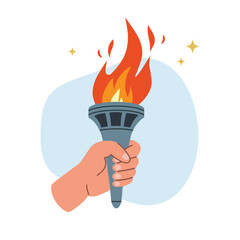 Burning torch flame in hand. Hand holding fire torch. The Olympic Flame.  Symbol of competition victory, relay race, champion, winner. Vector isolated illustration