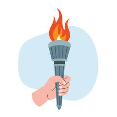 Naklejka premium Burning torch flame in hand. Hand holding fire torch. The Olympic Flame. Symbol of competition victory, relay race, champion, winner. Vector isolated illustration