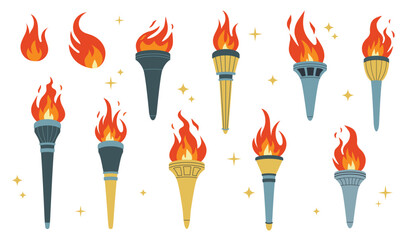 Set of burning torches. The Olympic Flame. A symbol of sports competitions, a sign of victory, winner, champion. Vector flat illustration