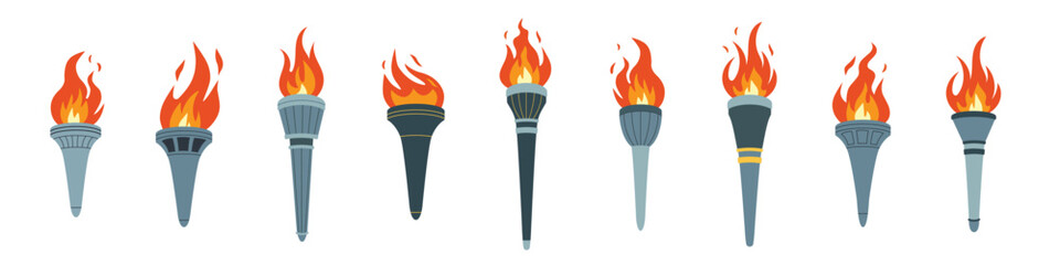 Set of burning torches. The Olympic Flame. A symbol of sports competitions, a sign of victory, winner, champion. Vector flat illustration