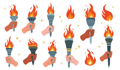 Set of burning torches flames in hands. Hands holding fire torches. The Olympic Flame.  Symbols of competition victory, relay race, champion, winner. Vector isolated illustration