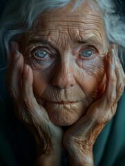 A close up of an elderly person putting their hands up to their face. 