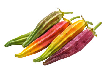A variety of okra, including green, yellow, red, and purple okra. Okra is a flowering plant in the mallow family. Its edible green seed pods are used in many cuisines.