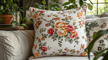 Vintage cotton cushion cover in floral pattern living concept.