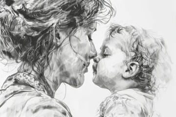 Fototapeta premium Mother and child in a tender black and white sketch