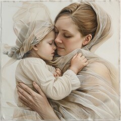 Painting of mother and daughter in traditional dress embracing tightly