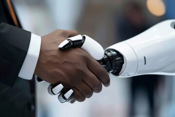 Close-up of a handshake between a human and an advanced robot, illustrating ai collaboration