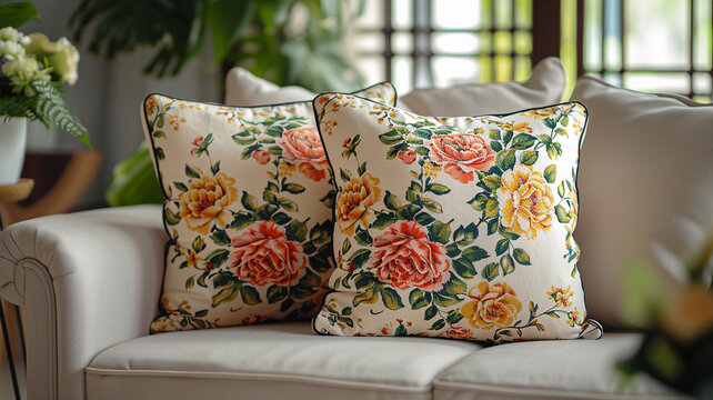 Vintage cotton cushion cover in floral pattern living concept.