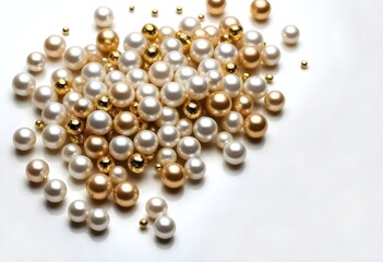 Scattered pearls and gold beads on a light background create with ai
