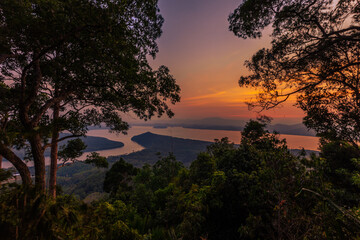 The close-up natural background of green rice fields, behind a large mountain and mist flowing through the blurred foliage, is a natural beauty seen in the countryside