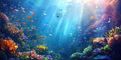 Naklejka premium Underwater World: Abstract Underwater Scene with Marine Life and Coral, Ideal for Aquatic or Nautical Plays