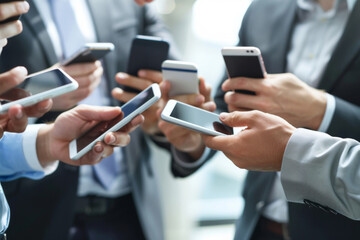 Group, people and hands with mobile in closeup for work, technology or networking team. Phone, digital and businessman with app for social media or email, internet for career as lawyer or attorney