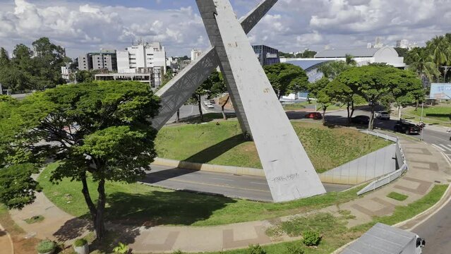 Drone flies up and away from Viaduct Latif Sebba in Goiania, Brazil