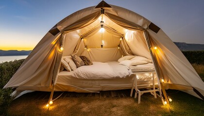 Overhead view of a comfortable sleep setup in an open tent surrounded by night ambiance and soft lighting