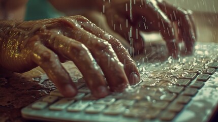 Person typing on computer keyboard on hot summer day