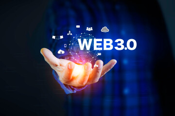 decentralized technology network Web 3.0 concept, man working using web3.0 analyzing data on futuristic virtual screen technology. Cutting-Edge Technology, web 3.0 Icon on hand background..