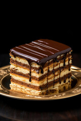 Decadent chocolate drizzled opera cake on gold plate