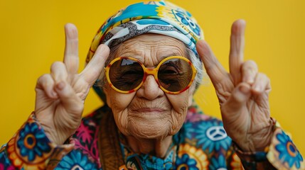 Playful Elderly Woman in Retro Sunglasses and Colorful Headscarf