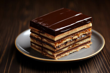 Decadent chocolate drizzled opera cake on white plate