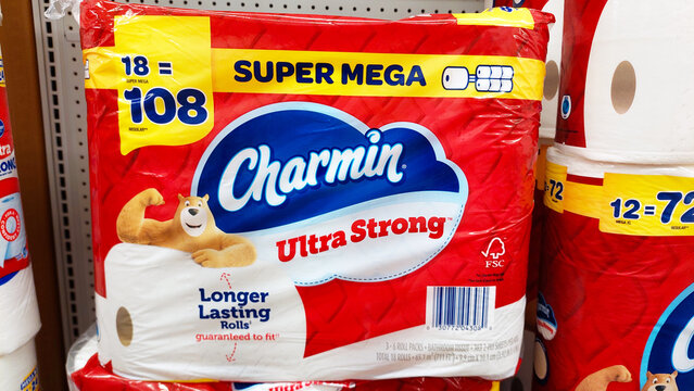Los Angeles, California &ndash; May 9, 2024: CHARMIN Ultra Strong Rolls  Bathroom Tissue on a shelf in a supermarket