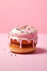 Two stacked donuts with glaze and sprinkles on light pink background