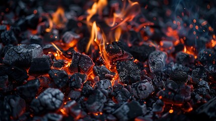 Intense Flames and Glowing Embers at Barbecue Grill