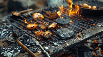 Charred Food and Utensils on BBQ Grill - obrazy, fototapety, plakaty