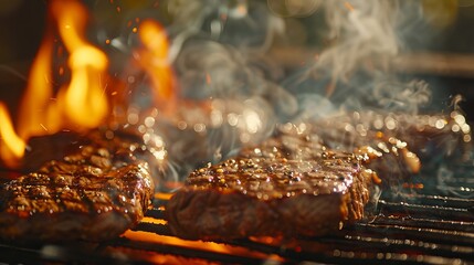 Juicy Steaks Sizzling on Barbecue Grill