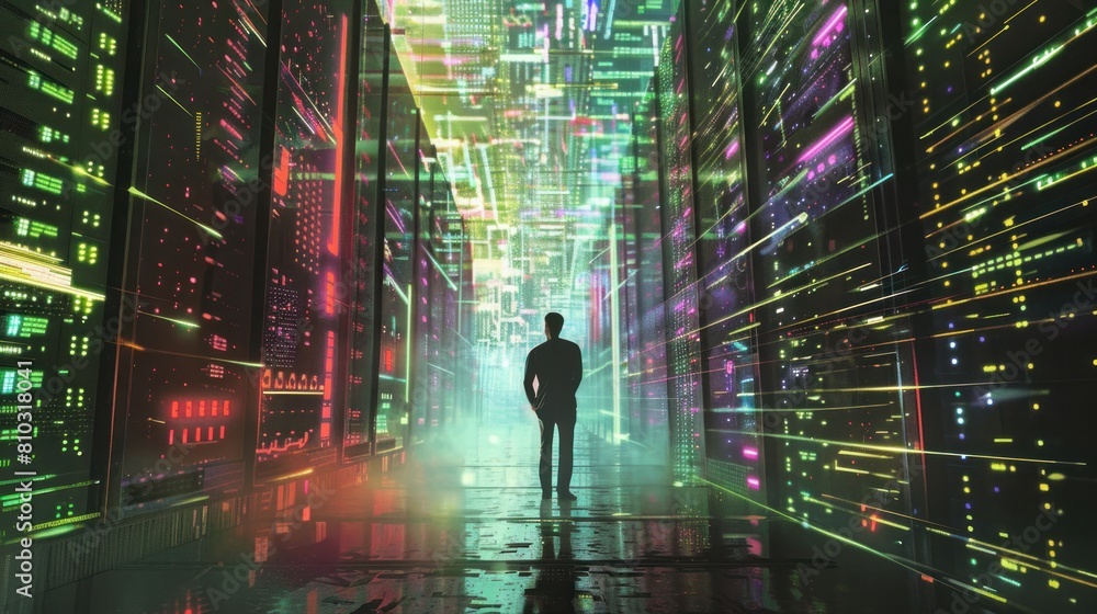 Poster man standing in server room of large data center. computer engineering and big data concept