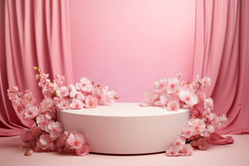 Product photography podium in pink and white colors with silk background and blooming sacura cherry branches