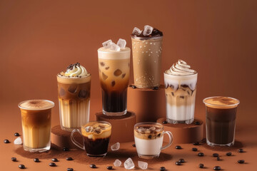 Assorted coffee beverages against a cozy, warm-toned backdrop