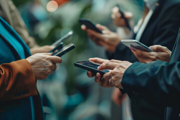 Hands, networking and phone with business people closeup for connection to share information. Contact, data and tech with professional employee group together for mobile browsing or communication