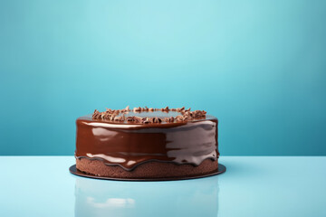Elegant gourmet chocolate cake with dripping ganache on light blue
