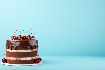 Decadent chocolate cherry layer cake on blue background