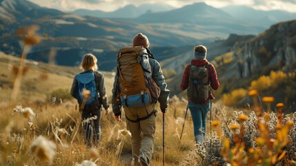 Group of friends hiking in scenic mountains