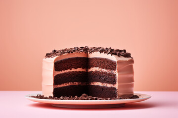 Elegant chocolate mousse cake on pastel background with slices taken out
