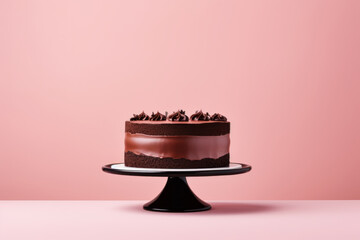 Elegant chocolate mousse cake on pastel background
