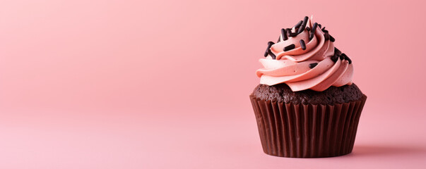 Chocolate cupcake with pink frosting on a solid light pink background with empty space